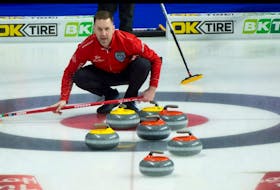Brad Gushue and his Team Canada rink await the winner of the Mike McEwan (Ontario) and Kevin Koe (Alberta) matchup in their first playoff action at the 2023 Tim Hortons Brier being held in London, Ontario this week. Michael Burns/Curling Canada