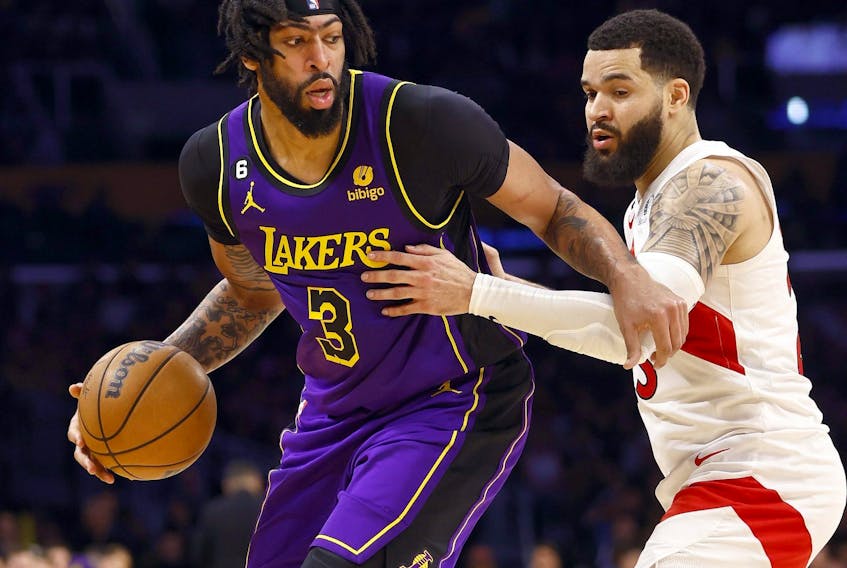 Anthony Davis of the Los Angeles Lakers controls the ball against Fred VanVleet of the Toronto Raptors in the second half at Crypto.com Arena on March 10, 2023 in Los Angeles, Calif.