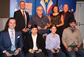 Award winners and representatives present at the 2023 Acadian Entrepreneurs’ Gala include, from back left: Pierre Gallant, spokesperson of the Acadian and Francophone Chamber of Commerce of P.E.I., David Perry of Wellington Co-op (winner of the 2023 Distinguished Employee Award), Bonnie Gallant, representing The Friends of the Farmers Bank of Rustico Inc. (winners of the 2023 Social Economy Business Award) and RDÉE P.E.I. president Christian Lacroix; and from front left: Francis-Olivier Morin of Montague (winner of the 2023 Young Enterprising Person Award), Léo Consejo Cadena and Caleb Lombardo of Seaside Treasures of Souris (winners of 2022 Young Millionaires Award) and Justin Arsenault of A.J. Repairs Ltd. (2023 Business Excellence Award).