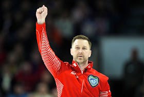 Team Canada's Brad Gushue reacts after making a three against Team Manitoba in the eighth end during the finals at the 2023 Tim Hortons Brier in London, Ont., Sunday, March 12, 2023. 