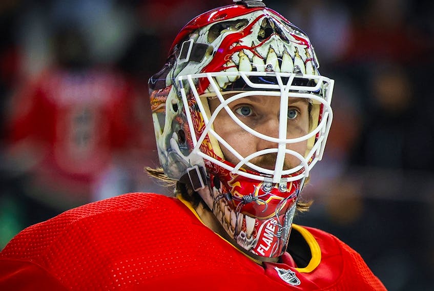 Calgary Flames goaltender Jacob Markstrom (25) against the Ottawa Senators during the third period at the Scotiabank Saddledome in Calgary on March 12, 2023.