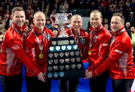 Brad Gushue’s Team Canada rink won the 2023 Tim Hortons Brier on Sunday at the Budweiser Gardens in London, Ont after they defeated Matt Dunstone and Manitoba 7-5 in the final. Along with Gushue (left), the team is made up of Mark Nichols (second from left), E.J. Harnden (middle), Geoff Walker (second from right) and coach Caleb Flaxey. Curling Canada/Twitter