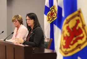 CEO NS Health Karen Oldfield and NS Minister for Health and Wellness Michelle Thompson and Karen Oldfield are seen during a news conference in Halifax Wednesday, January 18, 2022