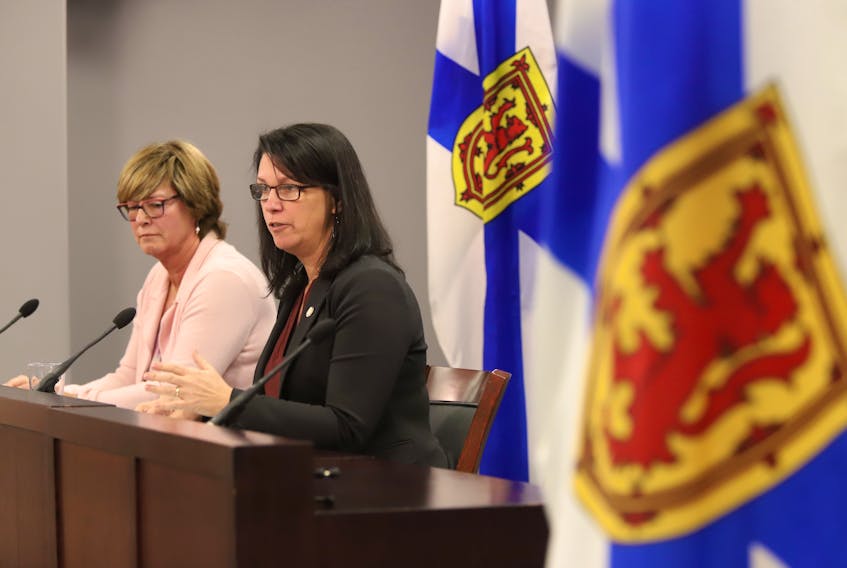 CEO NS Health Karen Oldfield and NS Minister for Health and Wellness Michelle Thompson and Karen Oldfield are seen during a news conference in Halifax Wednesday, January 18, 2022