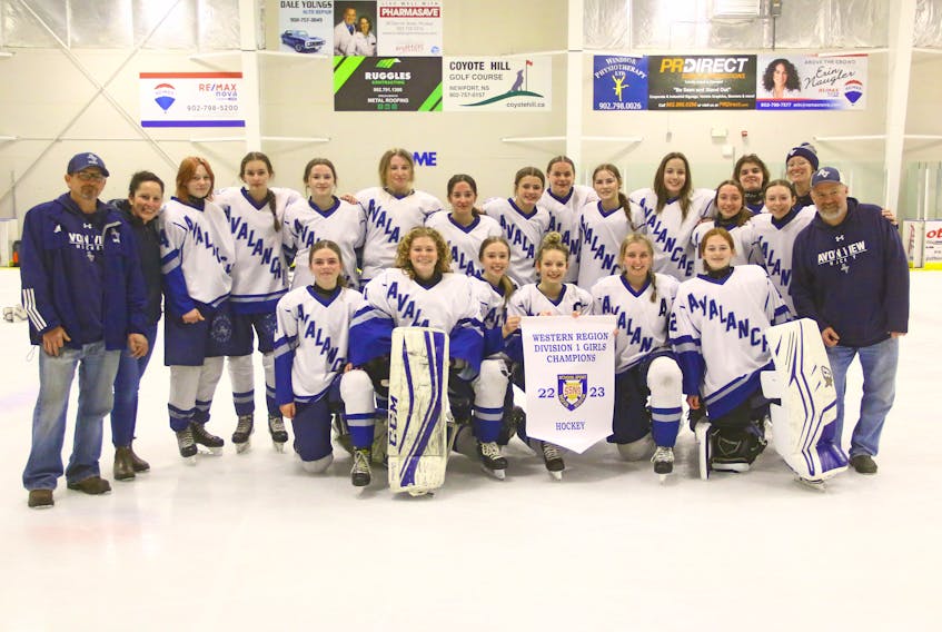 To cap off February, the Avon View Avalanche took home the Western Region Division 1 Girls’ Championship banner. In March, they went on to win the girls’ Valley High School Hockey League title as well. The team consists of, from left, back row: coach Brett Hazel, coach Annaliese Blois, Sarah McBlain, Olivia Smolders, Molly Amirault, Emily Trider, Emily Maynard, Ava Woodman, Abigail Smolders, Amy Amirault, Kailyn Beaton, Emily Cossaboom, Jordan Hiltz, MacKenzie McLean, coach Natalie Rippey, and coach Rob Davies; front row: Ava Murray, Claire Naugler, Jillian Hanley, Emma Greenslade, Emily Hart, and Gemma Rafuse.