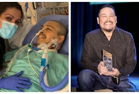 On the left, Denise Simon is shown with her husband Eugene Simon at hospital in Toronto on March 23, 2022. It was the first day he was woken up after getting a double lung transplant which was also Denise's birthday. On the right is a photo of Eugene with the Warrior Award presented to him at the Membertou Band's community awards banquet on Feb. 21. CONTRIBUTED