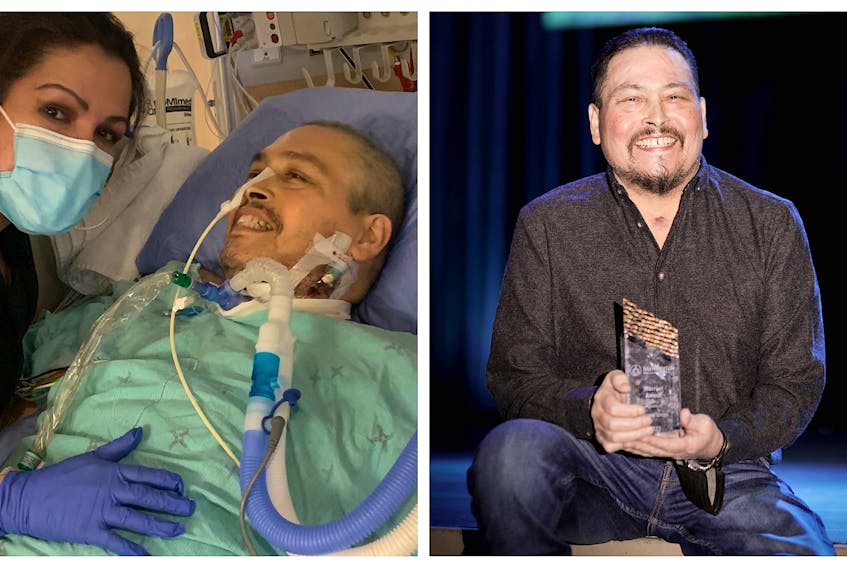On the left, Denise Simon is shown with her husband Eugene Simon at hospital in Toronto on March 23, 2022. It was the first day he was woken up after getting a double lung transplant which was also Denise's birthday. On the right is a photo of Eugene with the Warrior Award presented to him at the Membertou Band's community awards banquet on Feb. 21. CONTRIBUTED