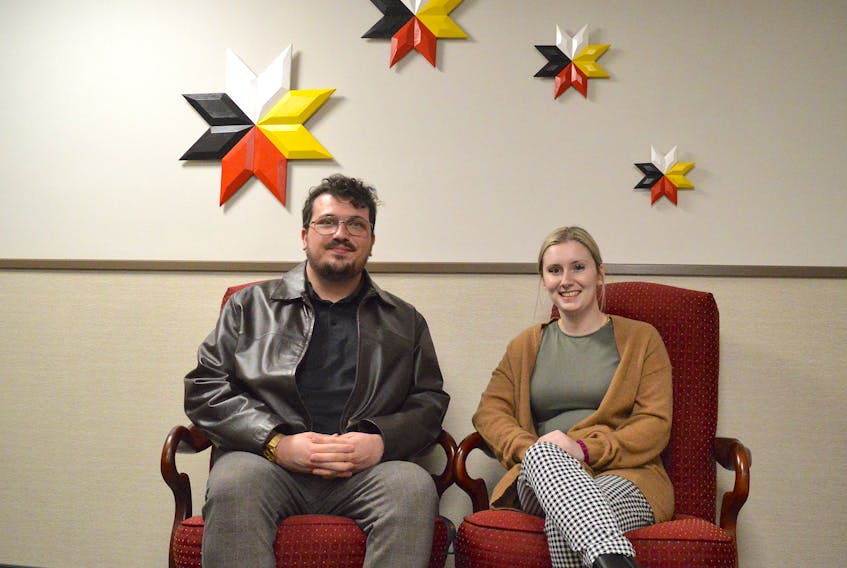 Brandon Jolie, left, the local co-ordinator of the federal Youth Employment and Skills Strategy program, sits with participant Stacey MacDonald at the mayor’s office where she recently started a 14-week work placement. MacDonald said she is thrilled to be able to work with Cape Breton Regional Municipality Mayor Amanda McDougall. “I think so highly of Amanda. I am just in awe when I come in here every day to work.” Chris Connors/Cape Breton Post