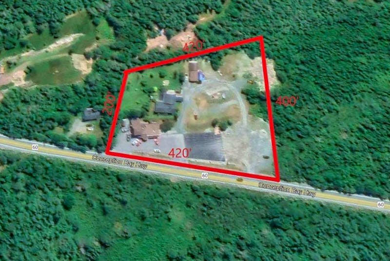 The area outlined in red is the full land available for sale in Brigus. — Google Earth image