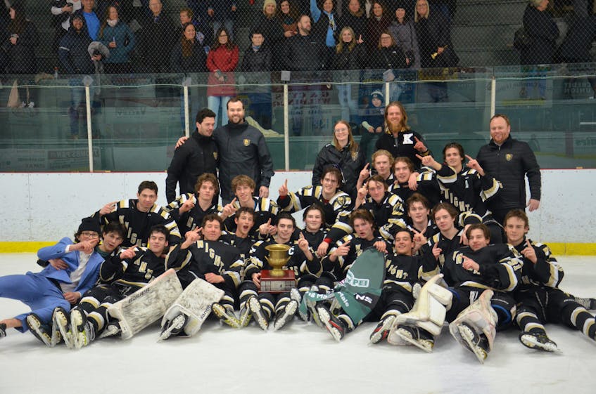 The Charlottetown Bulk Carriers Knights pose for a team photo after winning the provincial major under-18 male hockey championship on March 13. The Knights rallied from a four-goal deficit in the final 11-plus minutes of the third period to defeat the Kensington Monaghan Farms Wild 7-6 in overtime to sweep the best-of-seven series. The Knights will now represent P.E.I. at the Atlantic championship in Fredericton from March 30 to April 2. Jason Simmonds • The Guardian