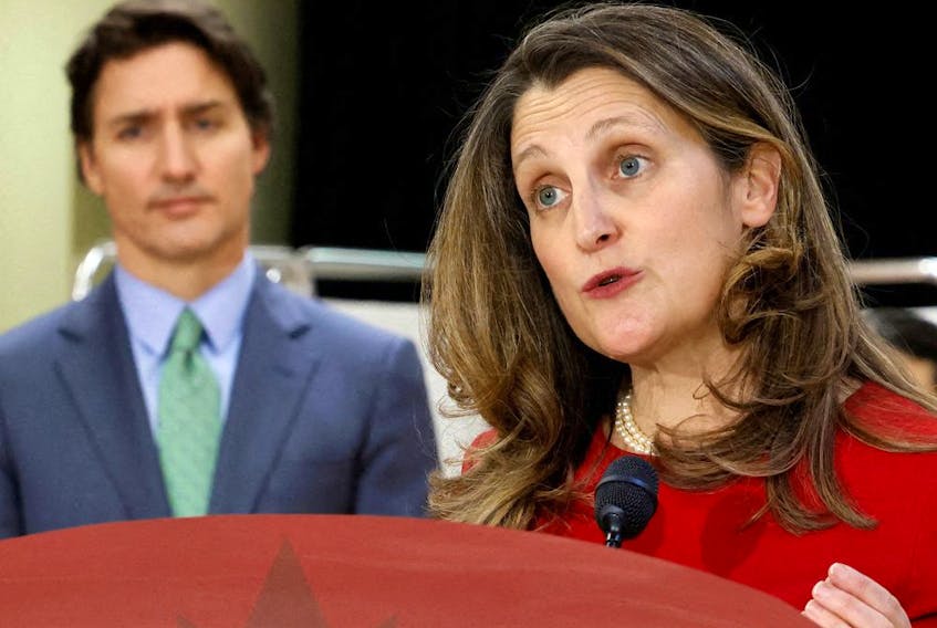 Finance Minister Chrystia Freeland, with Prime Minister Justin Trudeau in February. We have reached a time in our history when rearmament of the Canadian military is no longer optional.