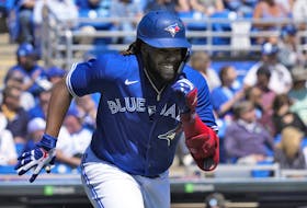Blue Jays' Vladimir Guerrero Jr. runs the bases after his RBI double off Pittsburgh Pirates pitcher JT Brubaker during the third inning of a spring training game Wednesday, March 15, 2023, in Dunedin, Fla. 