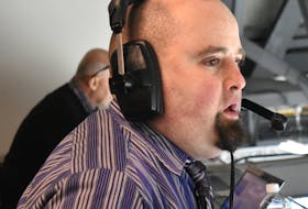 Pat McNeil, play-by-play broadcaster for the Cape Breton Eagles, is shown in action.