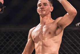 Dylan Sheppard celebrates after defeating his most recent opponent, Sebastian Akerley, in Round 2 by submission of their featherweight bout last November during Fight League Atlantic’s FLA6 event at the Moncton Coliseum. Contributed