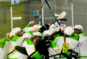 The Eastern Stars celebrate after the final buzzer sounded in a series-clinching 3-0 win over the Western Wind in Tyne Valley on March 12. The Stars won the best-of-seven provincial major under-18 female hockey championship series 4-0.