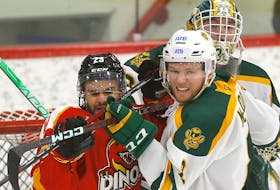 The University of Calgary Dinos' Jadon Joseph battles the University of Alberta Golden Bears' Wyatt McLeod during Game 1 of the one of the Canada West championships at Father David Bauer Arena in Calgary on March 3, 2023.
