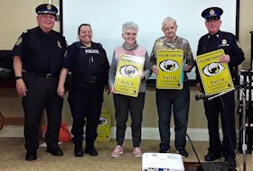 There’s a Neighbourhood Watch program underway at the Parkland Community on Kenwood Drive. Shown at the start of a recent meeting, from the left, are Cape Breton Regional Police Service Sergeant Barry Gordon, Const. Tamara Christmas, and Sr. Dolores Kennedy, Parkland community member, Melvin Bond, a Parkland community member, and Const. Gary Fraser. CONTRIBUTED CBRPS
