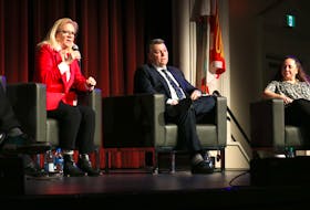 P.E.I.'s political parties squared off in the first leaders forum of the 2023 election. From left: Liberal Leader Sharon Cameron, Progressive Conservative Leader Dennis King and NDP Leader Michelle Neill. - Stu Neatby