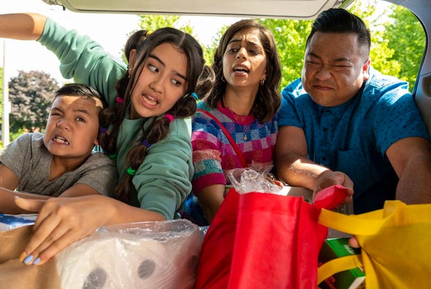  Loose Moose was a launching point for Andrew Phung, seen here with his Run the Burbs co-stars Roman Pesino, Zoriah Wong, and Rakhee Morzaria. Courtesy, CBC Television.