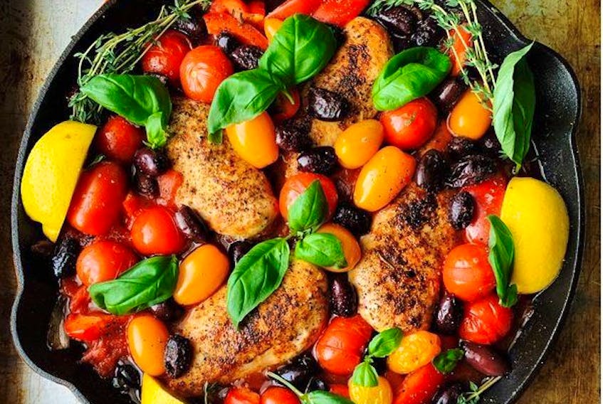 Skillet chicken breasts with tomatoes and olives. Photo by Renee Kohlman.