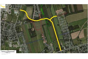 The City of Summerside has allocated $5.5 million this year to build half of the long-planned east-west connector road. The scope of the project in its entirety, both Phases 1 and 2, is highlighted here in yellow. City of Summerside image