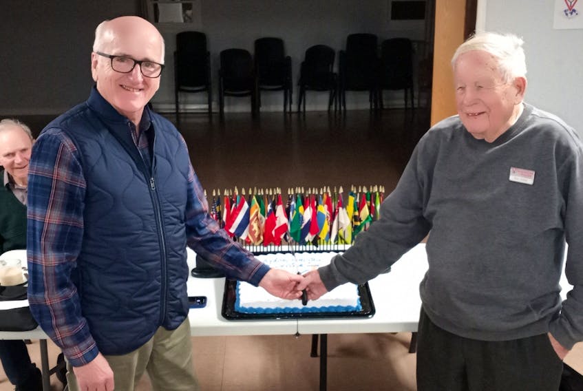 The Sydney Riverview Y Service Club is celebrating its 100th Anniversary this year. The club was chartered in 1923 and is now officially the oldest active club in Y’s Men International. Shown cutting an anniversary cake, in the photo, are club president Laurie Murchison and club member Bucky Buchanan who is also turning 100 this year and remains an active member of the club.
