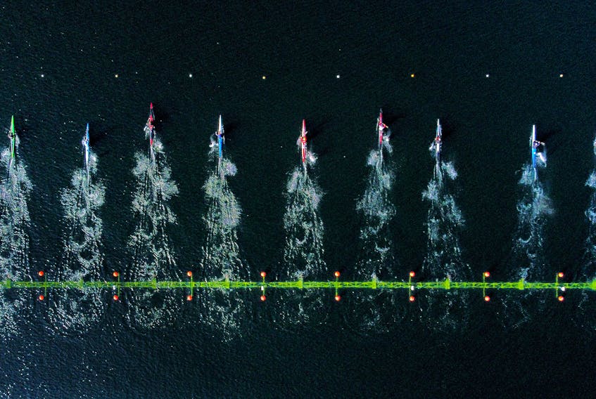 Competitors explode at the start of the men's K-1 500m B final at the Canoe Kayak Canada national sprint trials on Lake Banook in Dartmouth on May 4, 2022. - TIM KROCHAK PHOTO