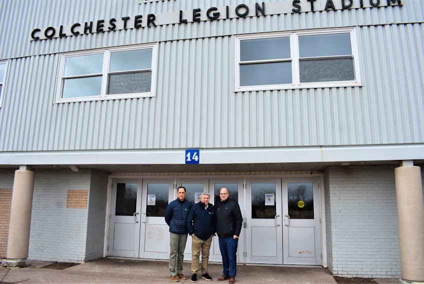 Town of Truro Chief Administrative Officer Mike Dolter, Mayor Bill Mills and Truro-Bible Hill-Millbrook-Salmon River MLA Dave Ritcey stand outside the front entrance of the Colchester Legion Stadium which has been out of commission since Hurricane Fiona last September. The province announced it’s one of 14 facilities receiving money for repairs and upgrades, through the Department of Communities, Culture, Tourism and Heritage. Richard MacKenzie