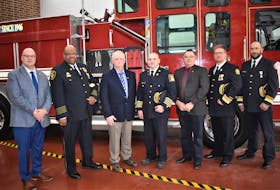 Coming together for a photo after Thursday afternoon’s announcement were Truro-Bible Hill-Millbrook-Salmon River MLA Dave Ritcey (left), President of the Fire Service Association of Nova Scotia Greg Jones, Village of Bible Hill Commission Chair Kevin Kennedy who emceed the event, Bible Hill Volunteer Fire Brigade Chief Joey Bisson, Municipality of the County of Colchester Deputy Mayor Geoff Stewart and from the Nova Scotia Fire Marshal’s office Chief Doug MacKenzie and Deputy Jamie Young. Richard MacKenzie