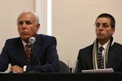  Lawyer Don Bayne, left, and Hassan Diab hold a news conference at Amnesty International (Canada) in Ottawa on Jan. 17, 2018, following Diab’s return to Canada.