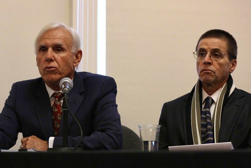  Lawyer Don Bayne, left, and Hassan Diab hold a news conference at Amnesty International (Canada) in Ottawa on Jan. 17, 2018, following Diab’s return to Canada.