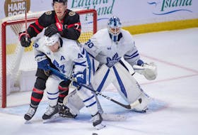 Senators’ Brady Tkachuk battles for position with Maple Leafs’ Morgan Rielly on Saturday.
