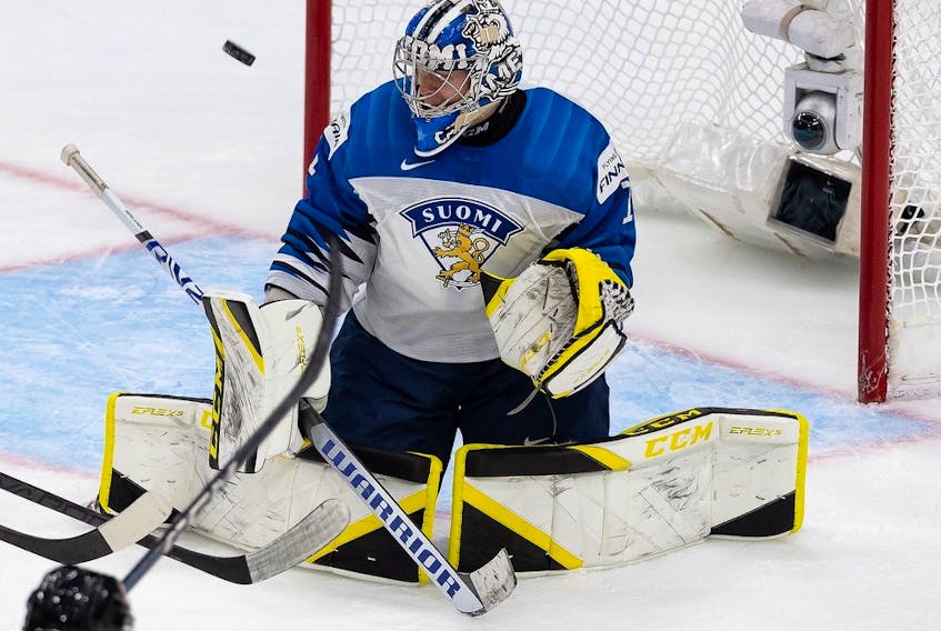  Senators draft pick Leevi Merilainen makes a save in Finland’s game against Canada during a world junior hockey championship contest at Edmonton in August 2022.