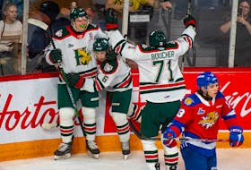 Halifax Mooseheads forwards Attilio Biasca, Markus Vidicek and Evan Boucher celebrate a second-period goal against the Moncton Wildcats during QMJHL action in Halifax on Sunday, March 19, 2023.
Ryan Taplin - The Chronicle Herald