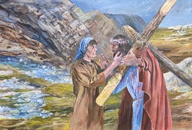 "Jesus Meets His Mother," the fourth Station of the Cross as painted by Gerald Squires in a series commissioned by Mary Queen of the World parish in the 1980s.