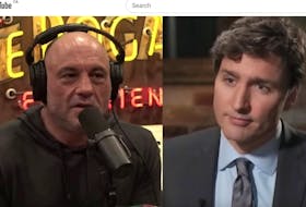 A screenshot from the fake interview on YouTube purporting to feature a conversation between podcast host Joe Rogan and Prime Minister Justin Trudeau.