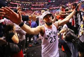 Fred VanVleet celebrates after the Toronto Raptors beat the Milwaukee Bucks in the Eastern Conference final.