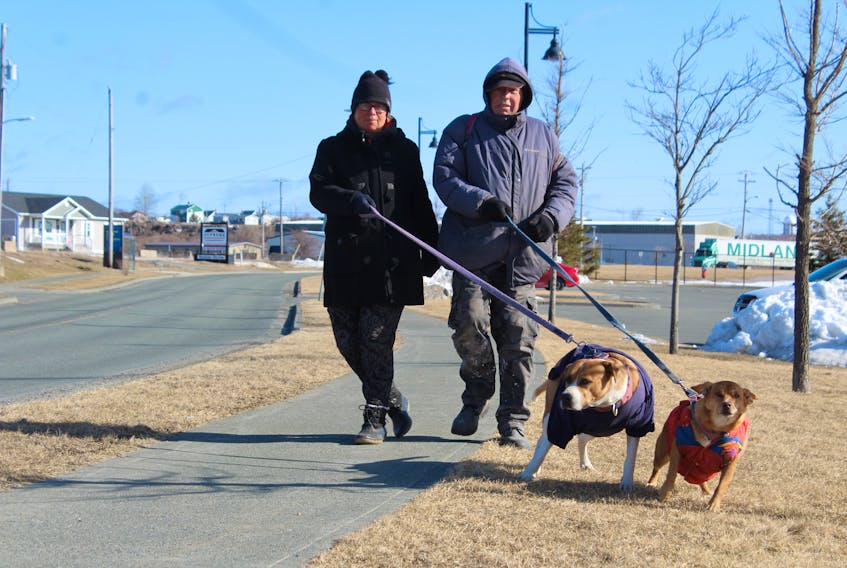 Monday sure looked like the first day of spring with sunny skies throughout the day but it didn’t feel like spring as temperatures dipped to -2 C with a windchill factor near -10 C. The cool temperatures didn’t get in the way of a spring walk for Donna and Austin Lewis who made their way from their home in Whitney Pier to Open Hearth Park on Monday morning with their pets Ava, left, and Maple. The Lewis’ were taking their friendly and active rescue dogs to the nearby dog park for some exercise. GREG MCNEIL/CAPE BRETON POST