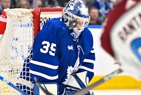 Mar 15, 2023; Toronto, Ontario, CAN;  Toronto Maple Leafs goalie Ilya Samsonov (35) stops a shot from Colorado Avalanche forward Mikko Rantanen (96) in the second  period at Scotiabank Arena.  