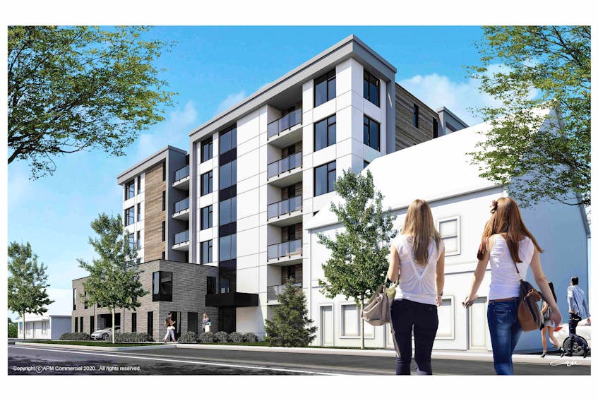 This is an artist’s rendering of an apartment building planned for the Polyclinic parking lot on Prince Street in Charlottetown. 
