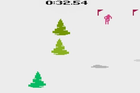 A screenshot from the Atari video game Skiing.