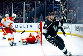 Los Angeles Kings forward Adrian Kempe celebrates a goal against the Calgary Flames at Crypto.com Arena in Los Angeles on March 20, 2023.