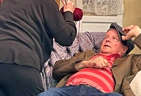 “A Maiden Aunt” will be performed at the Benevolent Irish Society, with the first of six shows taking the stage on March 23, 7:30 p.m. In a recent rehearsal, Gertie O’Grady (Barbara Rhodenhizer) threatens Francie Gilhooley (Wayne Murphy) to stop him trying to romance her. The Irish farce runs March 23-25 and March 28-30. Contributed