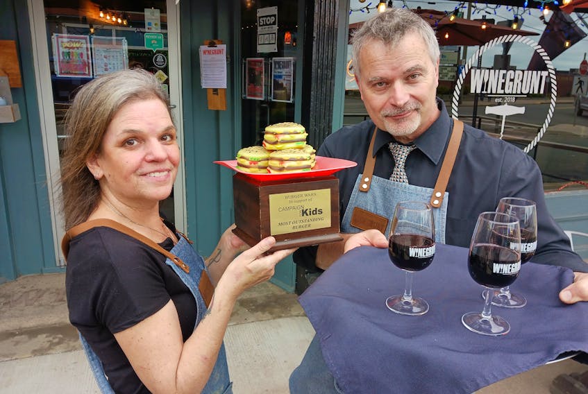 The Burger Wars People’s Choice Award in 2022 went to the Winegrunt Wine Bar in Windsor — owned by Robert Buranello and Astrid Friedrich — for its settebello burger. The business will not be participating this year as it has closed.