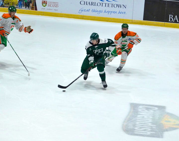 UPEI Panthers forward Kaleb Pearson carries the puck against the Université du Québec à Trois-Rivières (UQTR) Patriotes in the bronze-medal game of the Cavendish Farms University Cup at Eastlink Centre in Charlottetown on March 19. The Patriotes won the game 3-2.