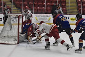 A couple of shifts before Ethan Fraser ended the game in overtime, Truro’s Ethan Wolfe had this opportunity stopped just on the goal line by Cougars goaltender Kayden Mollons. Richard MacKenzie