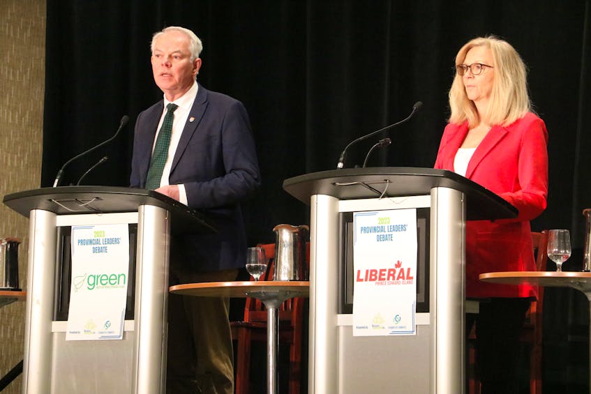 Green and Liberal Party Leaders Peter Bevan-Baker and Sharon Cameron frequently jousted during a debate of party leaders on March 21. The debate was organized by the Greater Charlottetown Area Chamber of Commerce. - Stu Neatby