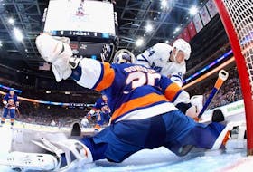 Ilya Sorokin of the New York Islanders makes the second period save on David Kampf of the Toronto Maple Leafs at the UBS Arena on March 21, 2023 in Elmont, New York. 