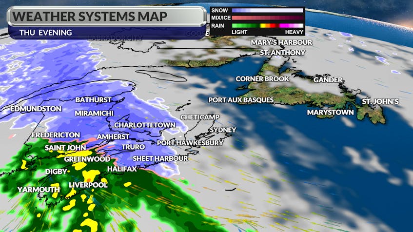 A mix of snow and rain will impact the Maritime provinces Thursday-Friday before reaching eastern Newfoundland Friday-Saturday.