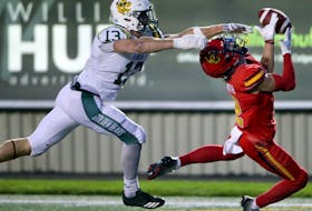 University of Alberta Golden Bears defensive back Jake Taylor plays the pass against the University of Calgary Dinos in the 2022 Canada West season. The Beaumont product is participating in the Canadian Football League Combine at Commonwealth Stadium this week.